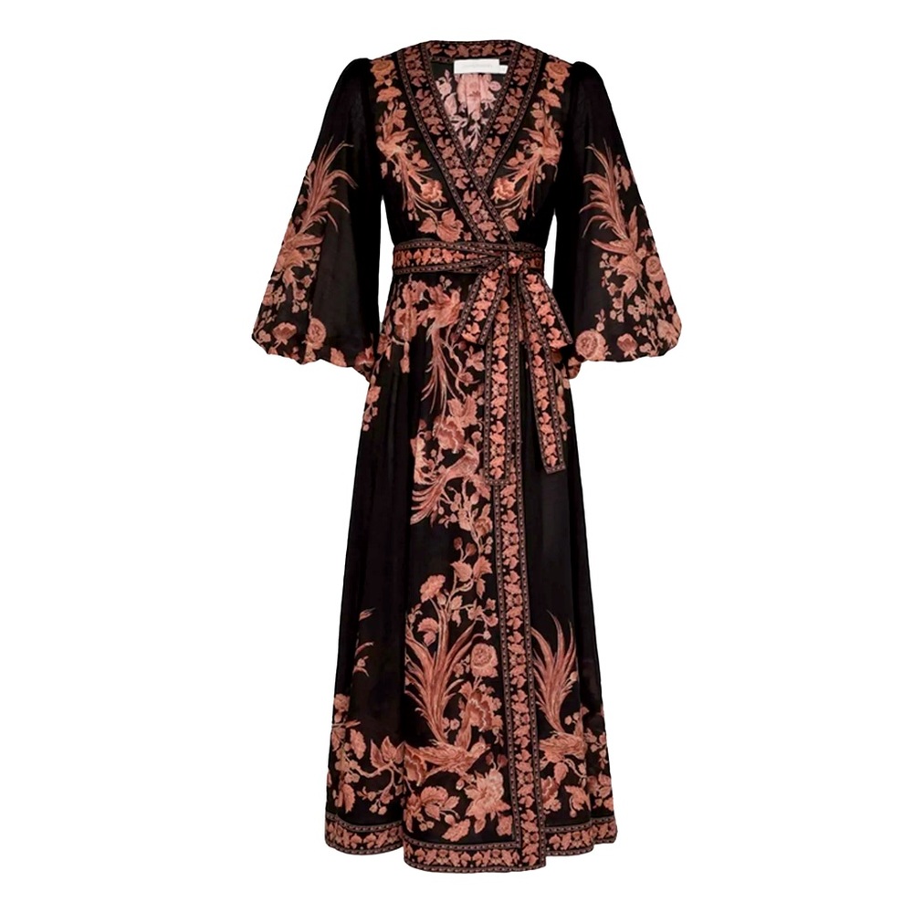 Zimmermann Black Maxi Wrap Dress with Coral Embroidery